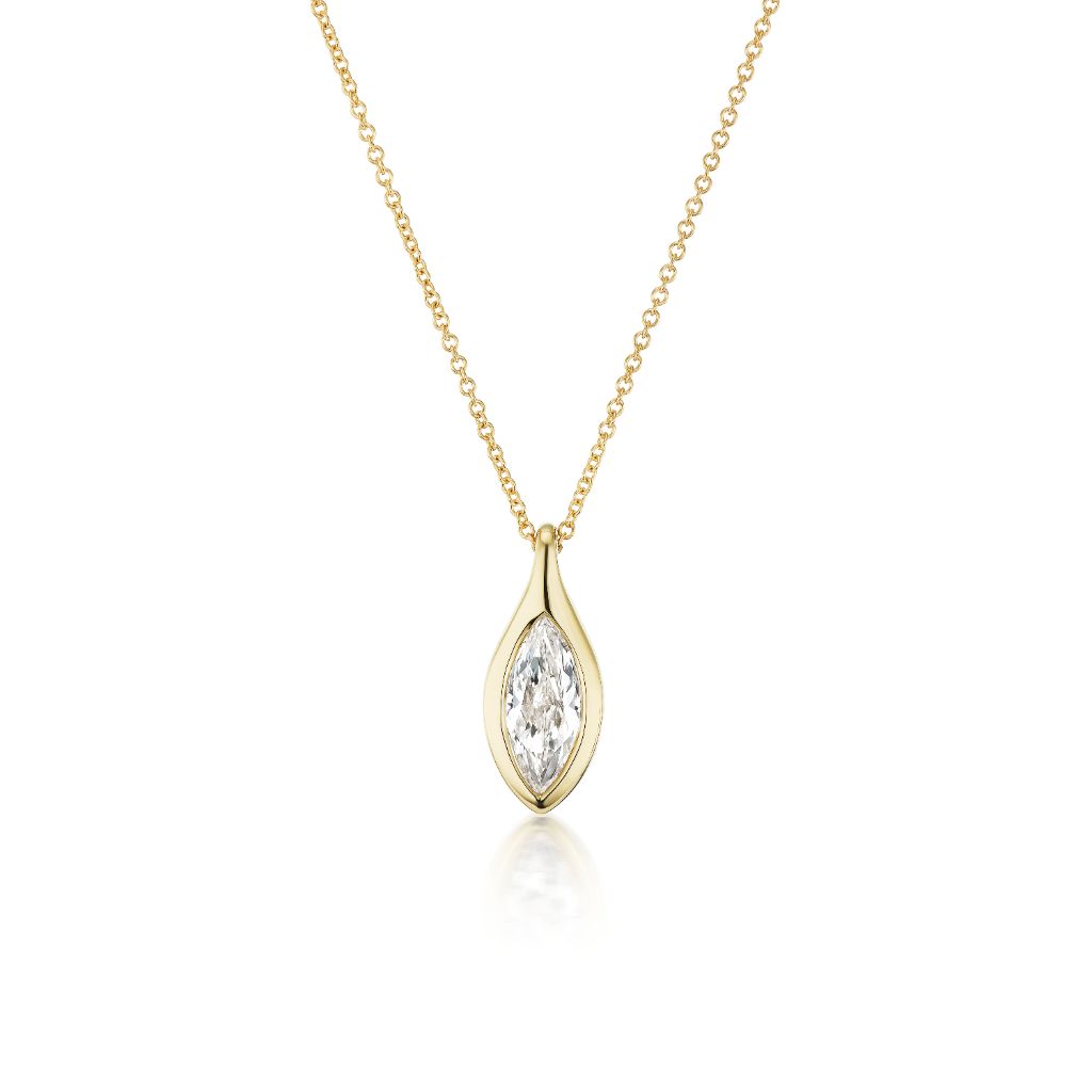 The Serpent Bezel Set Marquise Diamond Solitaire Pendant is a gold chain necklace with a marquise diamond pendant bezel set in 18k gold, shown against a white background.