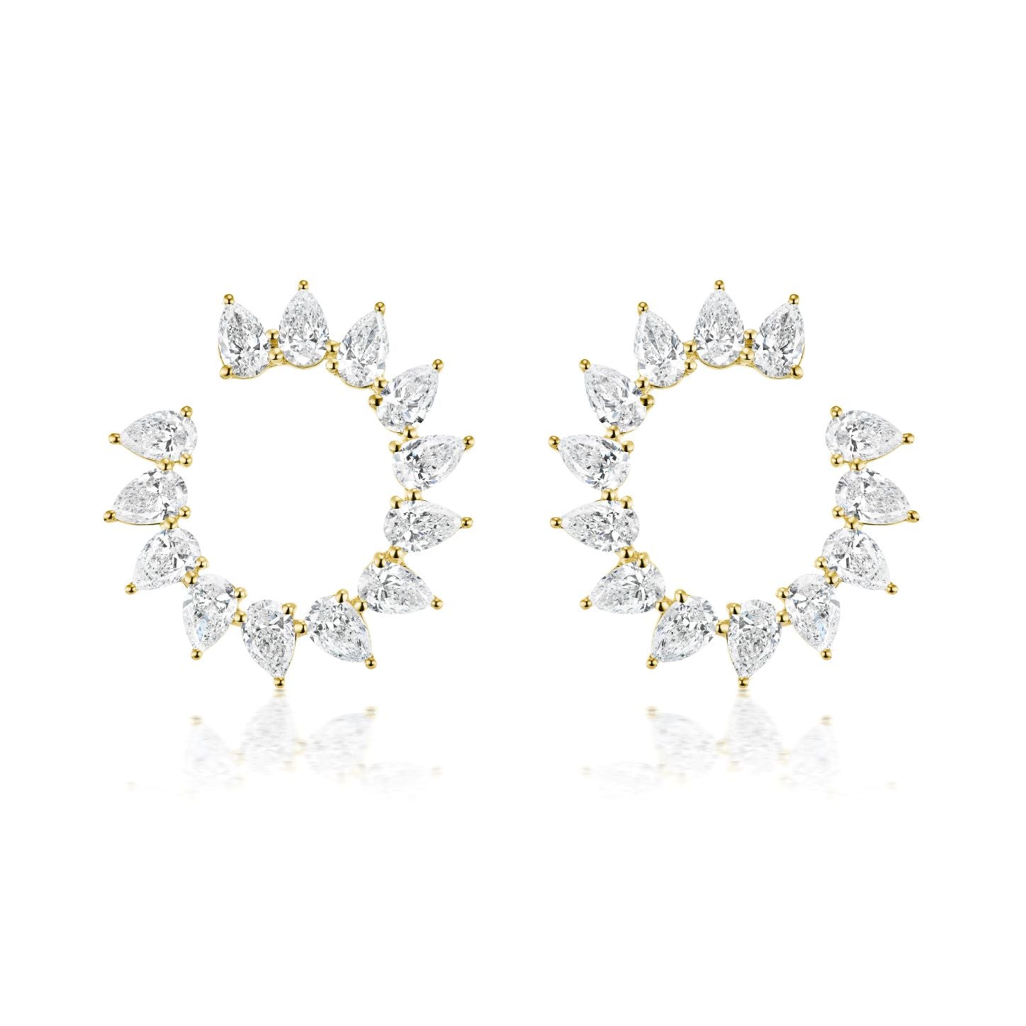 The Sunshine Front-to-Back Medium Hoops with Pear Diamonds feature an open hoop design in 18k gold with alternating large and small pear-shaped diamonds for a timeless, elegant look.