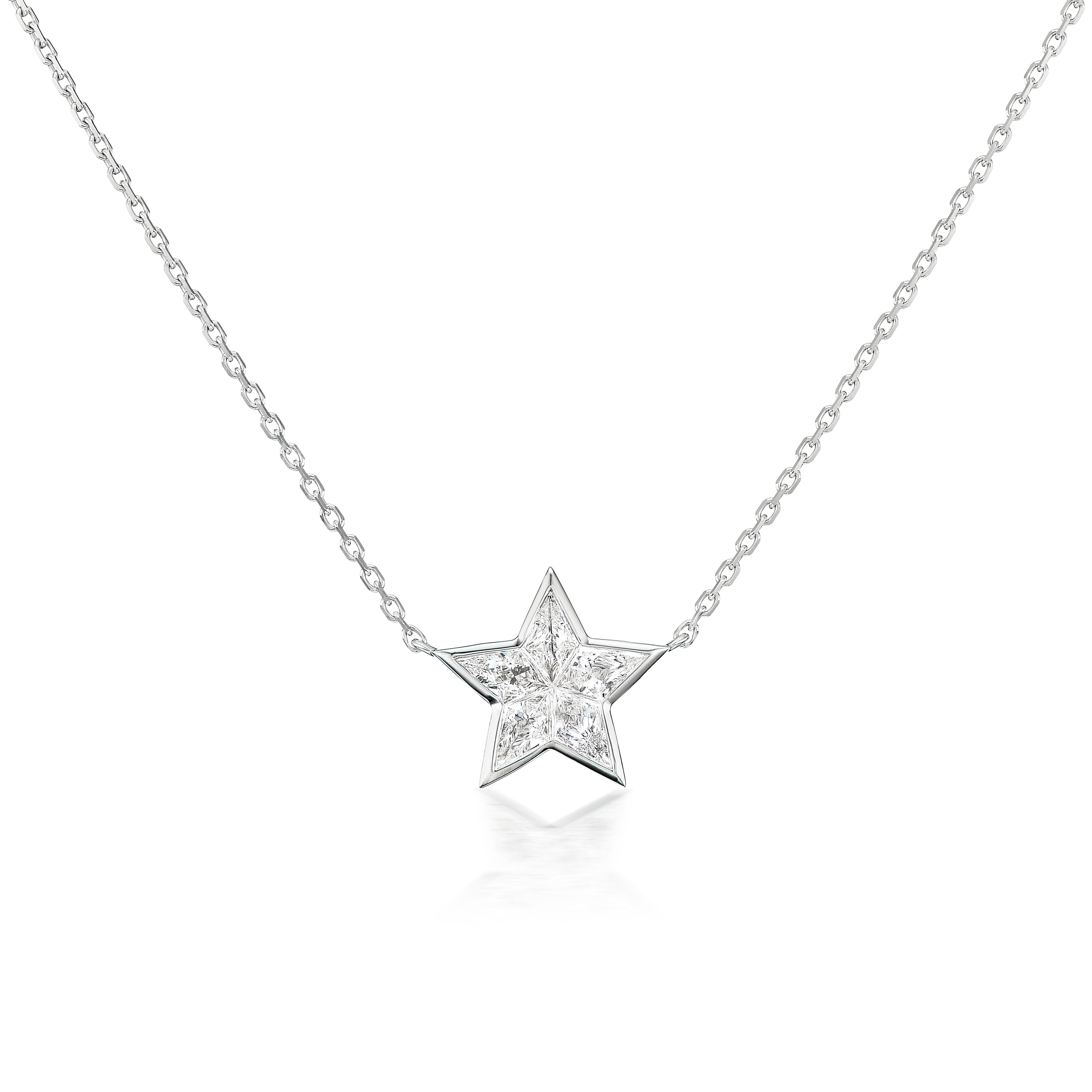 The Bezel Set Diamond Star Pendant is a delicate 18K white gold necklace featuring a bezel set star adorned with sparkling diamonds, shown on a plain white background.