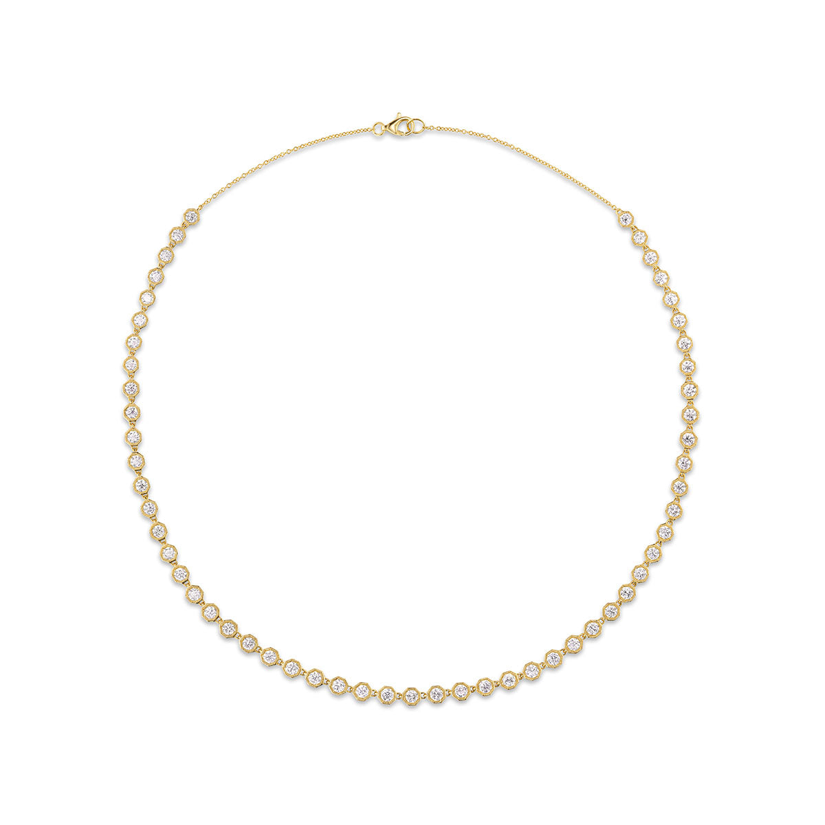 Octagonal Bezel Set Tennis Necklace with Round Diamonds in Yellow Gold
