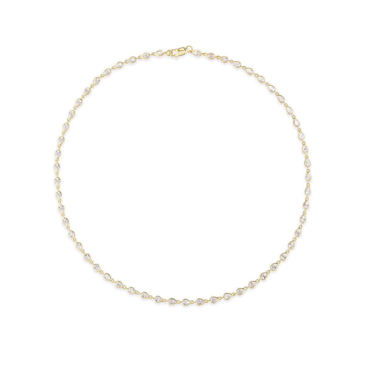 The Chasing Pears Garland Necklace is a delicate 18K gold piece featuring small, evenly spaced teardrop-shaped links and a simple clasp, beautifully displayed on a white background.