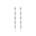 The Chasing Kites Drop Earrings in white gold feature a vertical row of bezel set kite diamonds, each segment adorned with a small clear gemstone, shown on a white background.