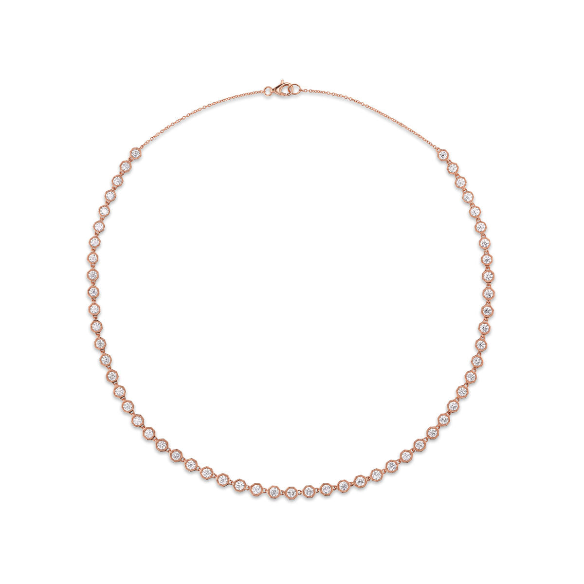 Octagonal Bezel Set Tennis Necklace with Round Diamonds in Rose gold
