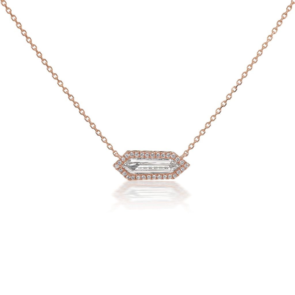 The Hexagon Diamond Pavé Pendant is crafted in 18k rose gold with a geometric baguette-cut gemstone and small round diamonds, shown on a plain white background.