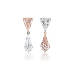Drop Earrings: Modern asymmetrical design with GIA Certified fancy light pink and white diamonds, set in rose gold and platinum.