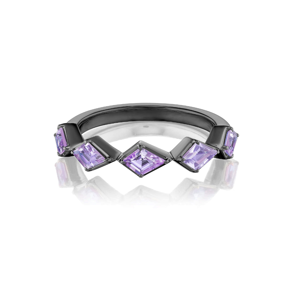 The Chasing Kites Purple Sapphire Half Eternity Band in Rhodium showcases five square-cut purple sapphires set in a zigzag pattern with geometric prongs, displayed against a white background.