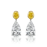 The Yellow Diamond & Diamond Moon Drop Earrings feature 18K gold, round yellow gemstones set in gold, and large, pear-shaped clear diamonds that dangle below in an elegant, symmetrical design.