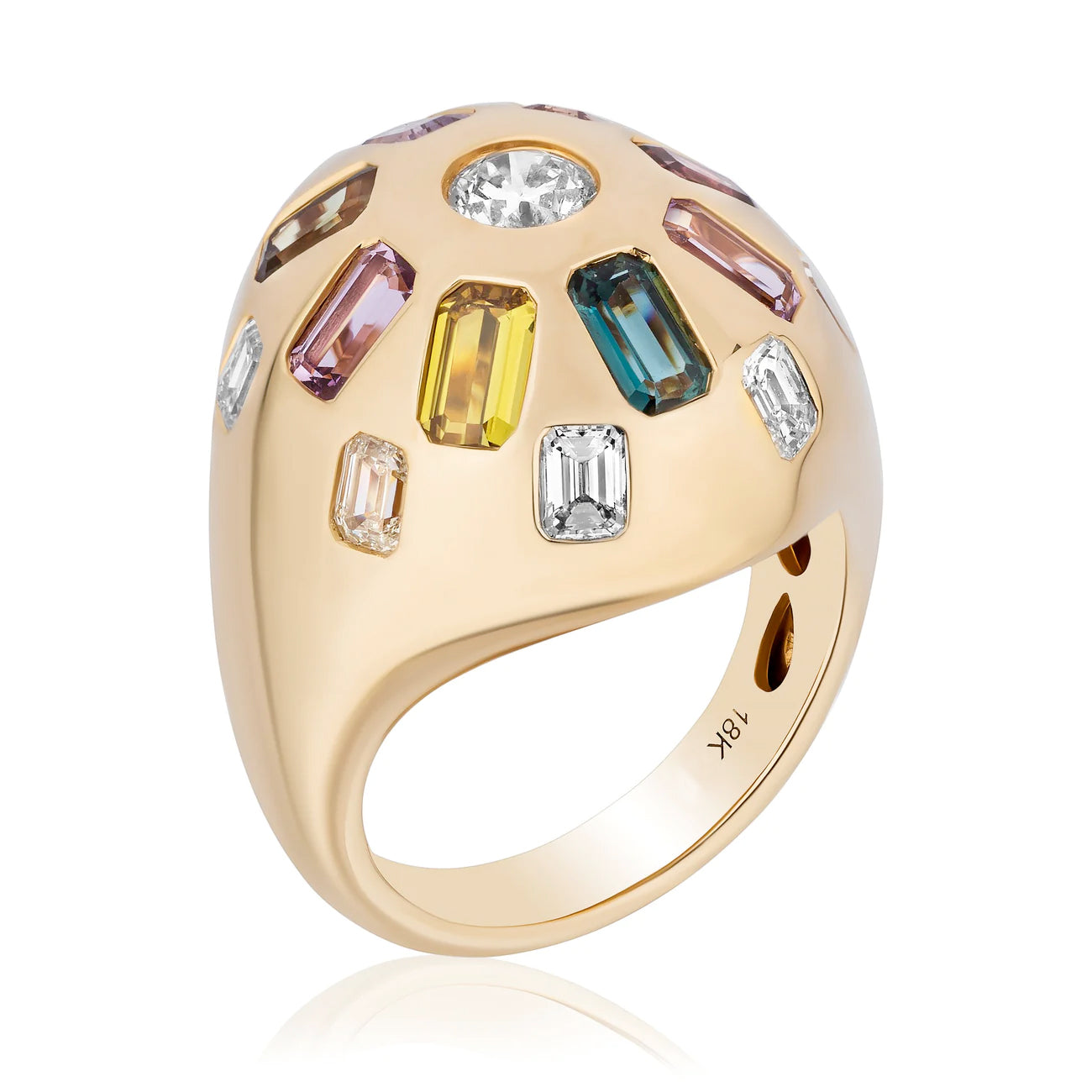 The Confetti Bombé Ring features a gold dome design with a central round diamond surrounded by colorful rectangular gemstones on an 18K yellow gold band. Choose customizable stones to create your own unique statement piece.