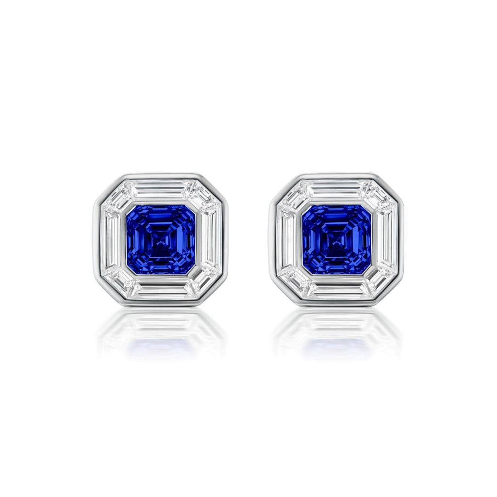 Mosaic Studs in White Gold with Asscher Cut Sapphires and Baguette Diamonds