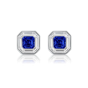Mosaic Studs in White Gold with Asscher Cut Sapphires and Baguette Diamonds