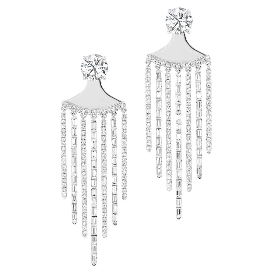The Raining Diamonds Ear Jackets in white gold showcase mixed shape diamonds with a bold round gem atop, and multiple vertical strands adorned with sparkling stones.
