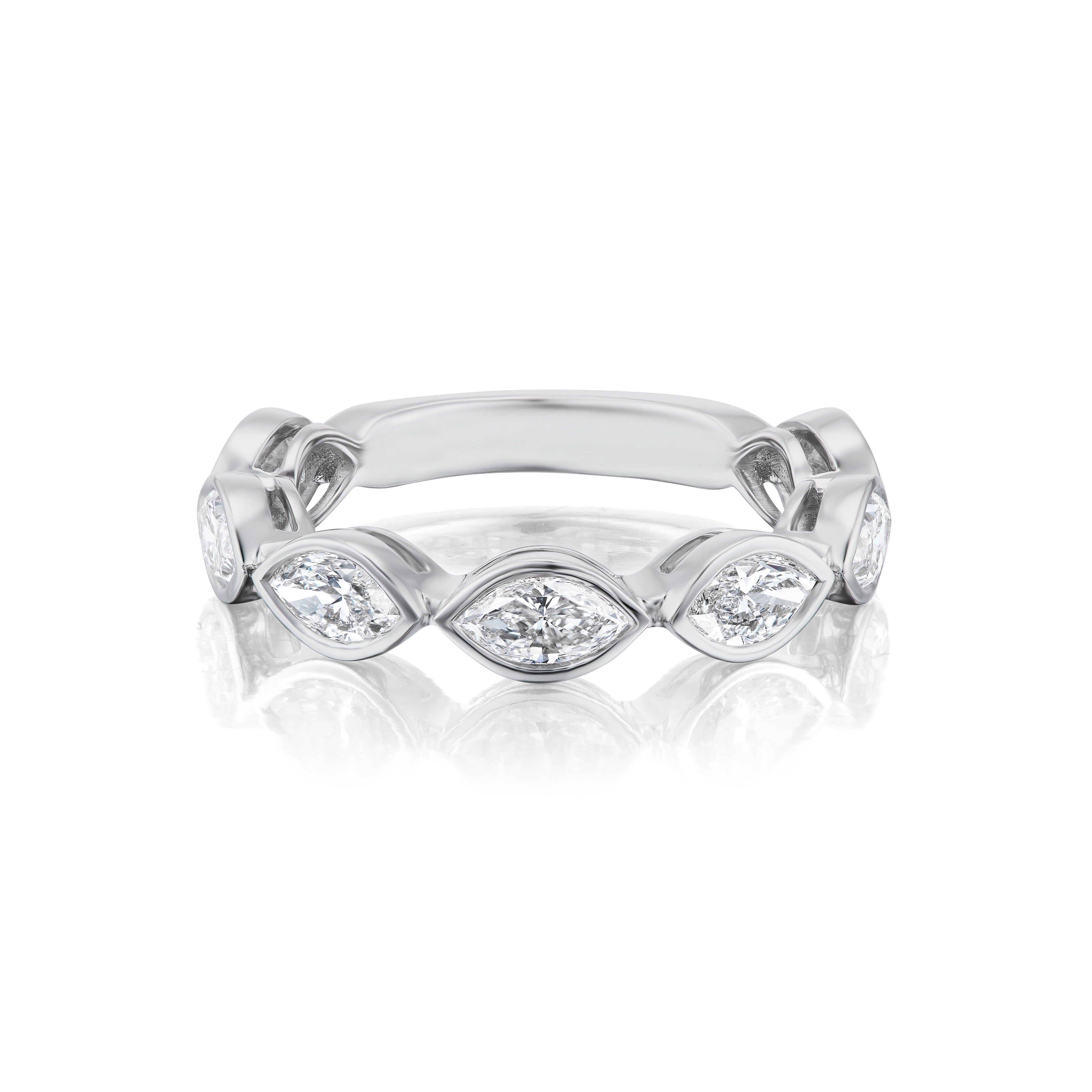 The Chasing Marquise Bezel Set Diamond Half Eternity Band showcases a repeating marquise pattern, each bezel set with a sparkling diamond in 18K white gold, beautifully displayed on a white background with a soft reflection.