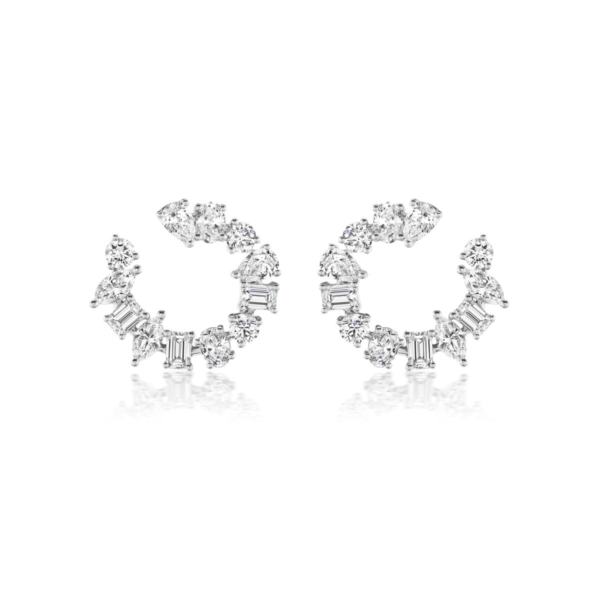 The Front-to-Back Hoops with Mixed Shape Diamonds feature an open design and a circular arrangement of various diamond shapes, set against a white background.
