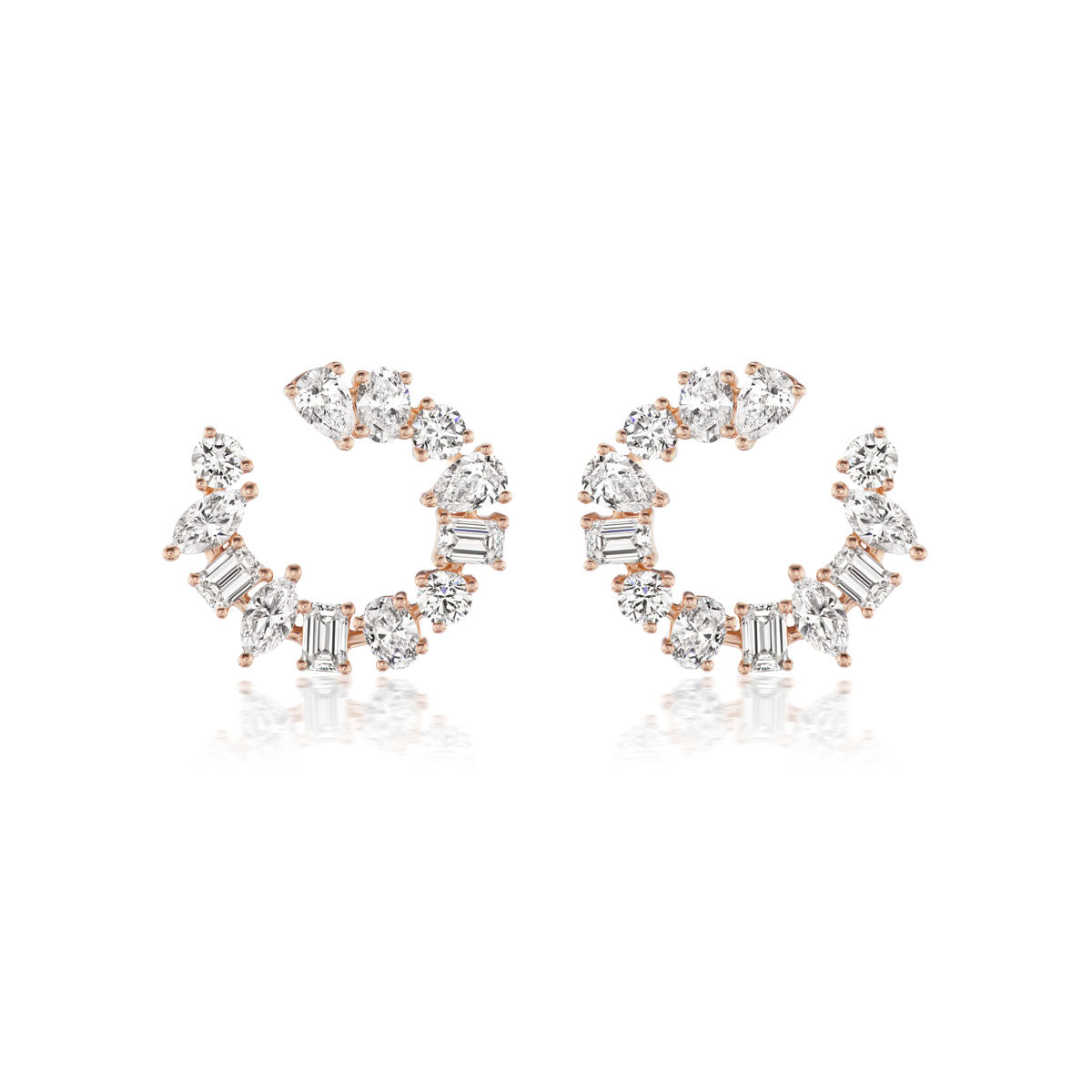 The Front-to-Back Hoops with Mixed Shape Diamonds feature round open hoops crafted in 18k gold, adorned with mixed shape diamonds set along the entire circle for a sparkling finish.