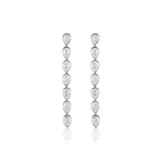 The Chasing Pears Drop Earrings in white gold feature five bezel set pear diamonds arranged vertically in a sleek, elegant line.