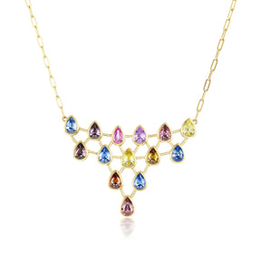 Rainbow Waterdrop Bib Necklace in Yellow Gold with Multicolor Pear Sapphires