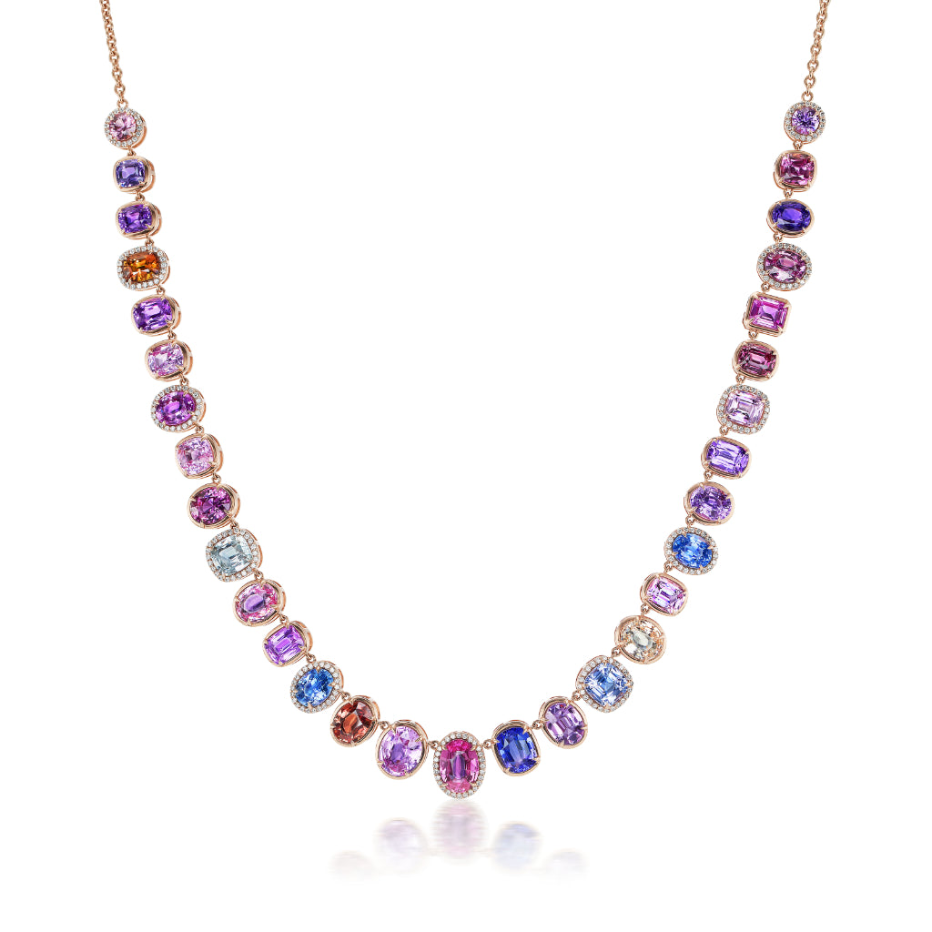 Pavé Gumdrop Necklace in Rose Gold with Multicolor Mixed Shape Sapphires
