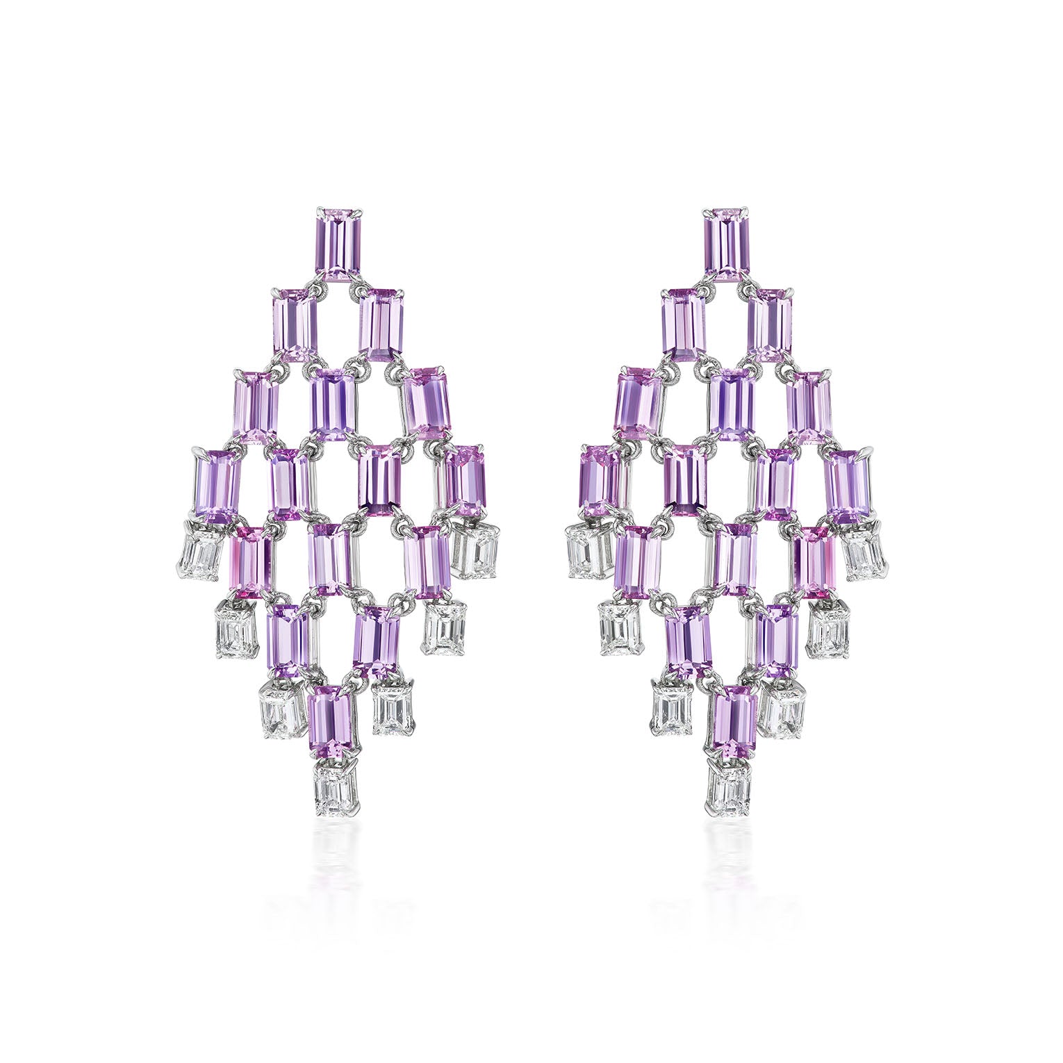 Art Deco Chandelier Earrings in 18K white gold feature a geometric lattice design with emerald-cut diamonds and lavender sapphires.