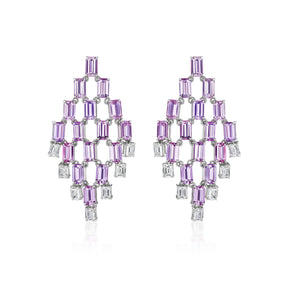 Art Deco Chandelier Earrings in White Gold with Emerald Cut Diamonds and Lavendar Sapphires