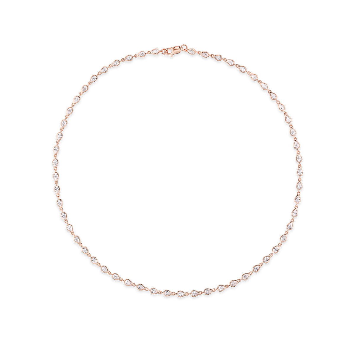 The Chasing Pears Garland Necklace features delicate teardrop-shaped links in 18K rose gold, each set with a clear gemstone resembling pear-cut diamonds, elegantly spaced along the chain and secured with a simple clasp.