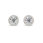 Pavé Halo Ear Jackets in Platinum with round brilliant diamonds, each earring featuring a central diamond surrounded by a pavé-set halo for added shimmer.