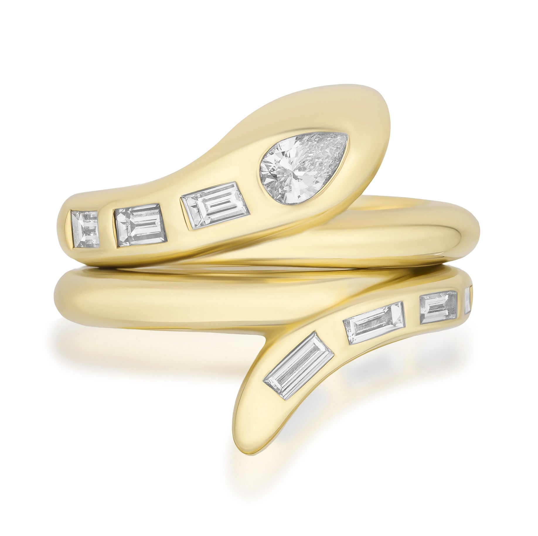 The Serpent Bookend Ring in 18k yellow gold features an abstract, fluid design with several rectangular baguette and a prominent marquise-shaped diamond set in the band.