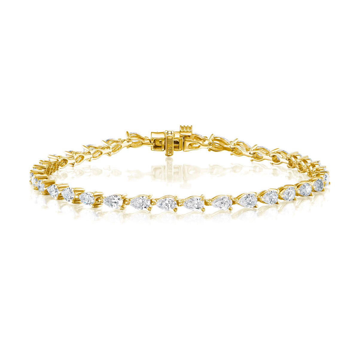 The Chasing Pears Diamond Tennis Bracelet showcases alternating round and pear diamonds set in 18K gold, with a delicate chain and secure clasp, displayed beautifully on a white background.