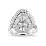 A close-up of the Cobblestone Pavé Basket Ring, showcasing its ornate design with a central oval diamond and epaulette diamond side stones, all set in a geometric arrangement of shimmering silver.