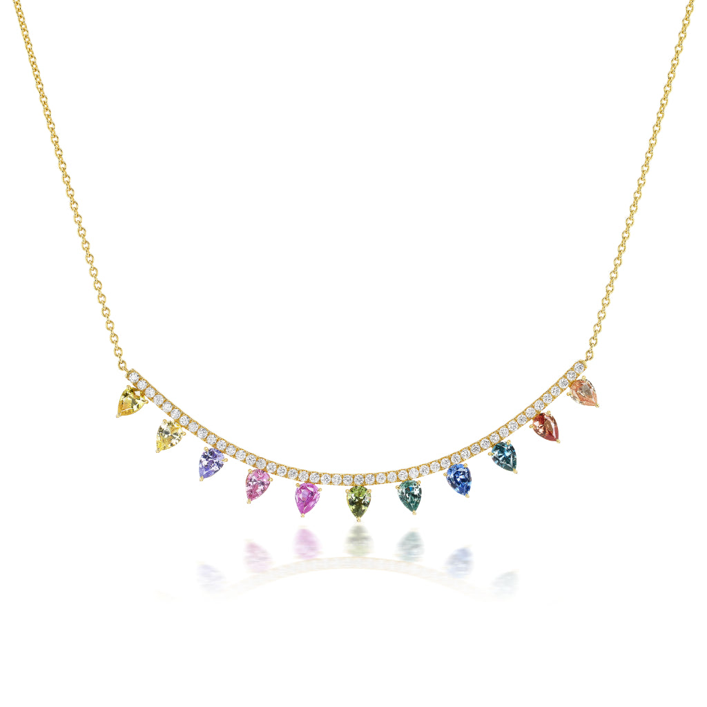 Rainbow Spike Pavé Bar Necklace in Yellow Gold with Multicolor Pear Sapphires