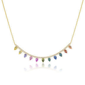 Rainbow Spike Pavé Bar Necklace in Yellow Gold with Multicolor Pear Sapphires