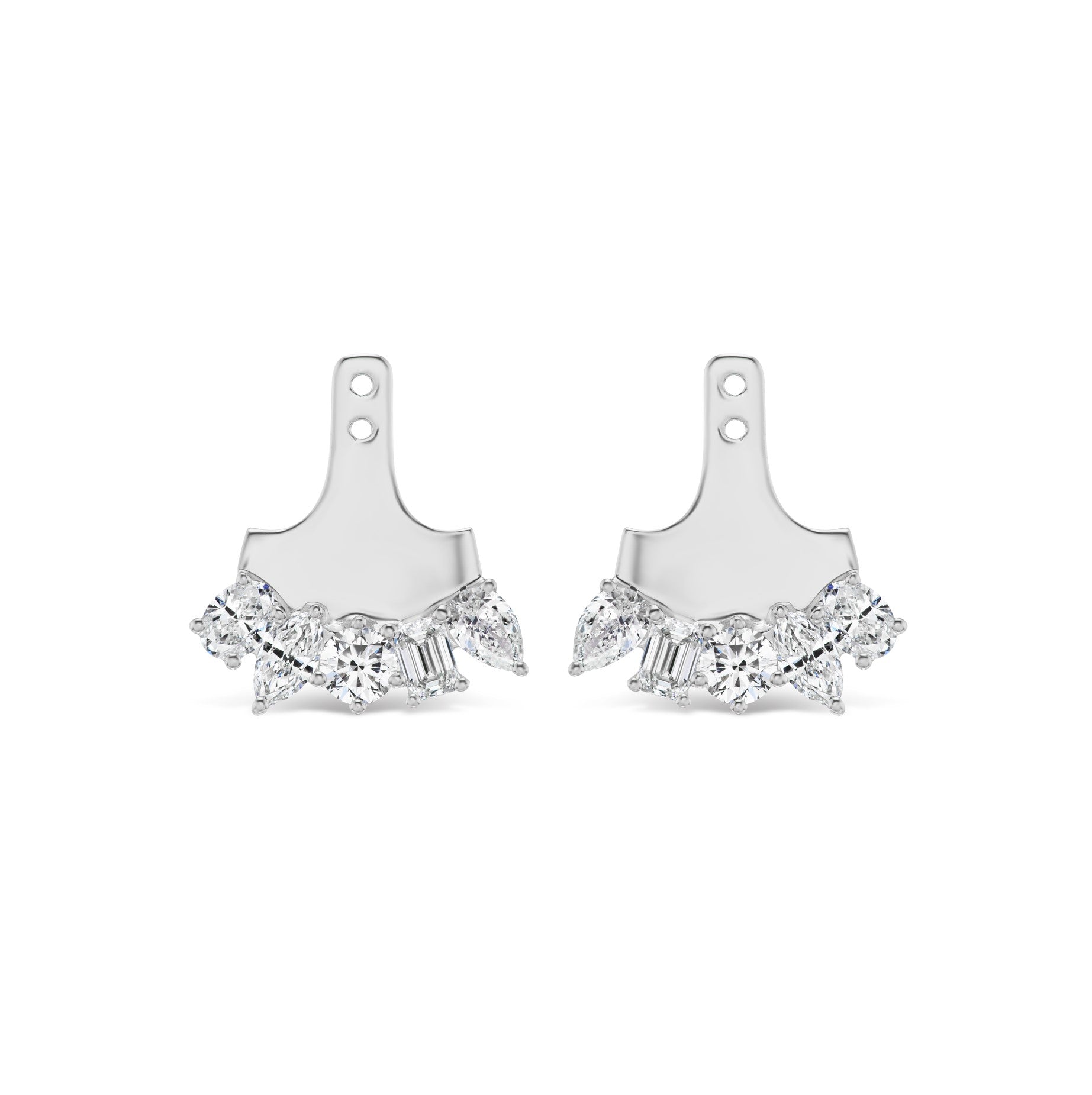Ear Jackets in White Gold with Mixed Shape Diamonds feature a curved row of assorted clear gemstones, designed to be worn behind an earring stud.