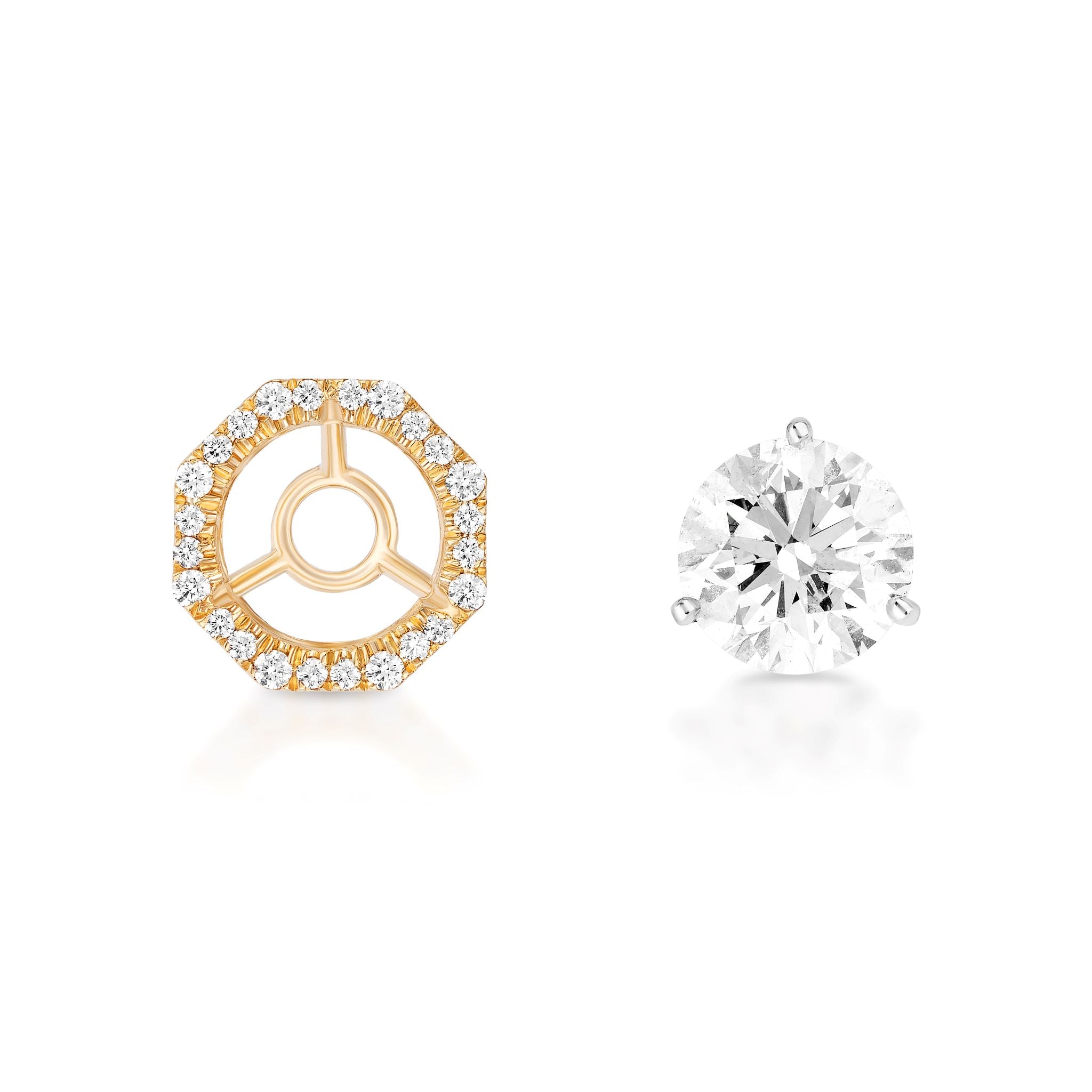 A pair of Pavé Octagon Ear Jackets with round brilliant diamonds is displayed on a white background; one features an 18k gold octagonal diamond setting, the other a round prong-set solitaire diamond.