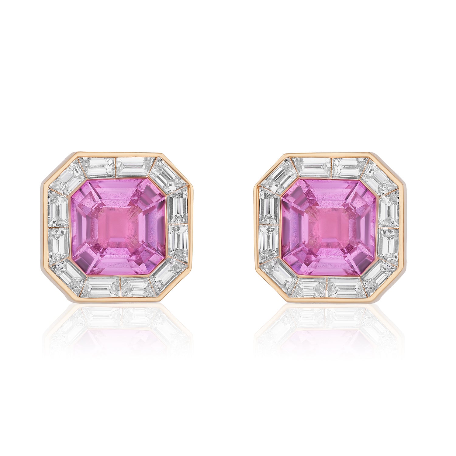 Mosaic Studs in Rose Gold with Pink Asscher Cut Sapphires and Baguette Diamonds
