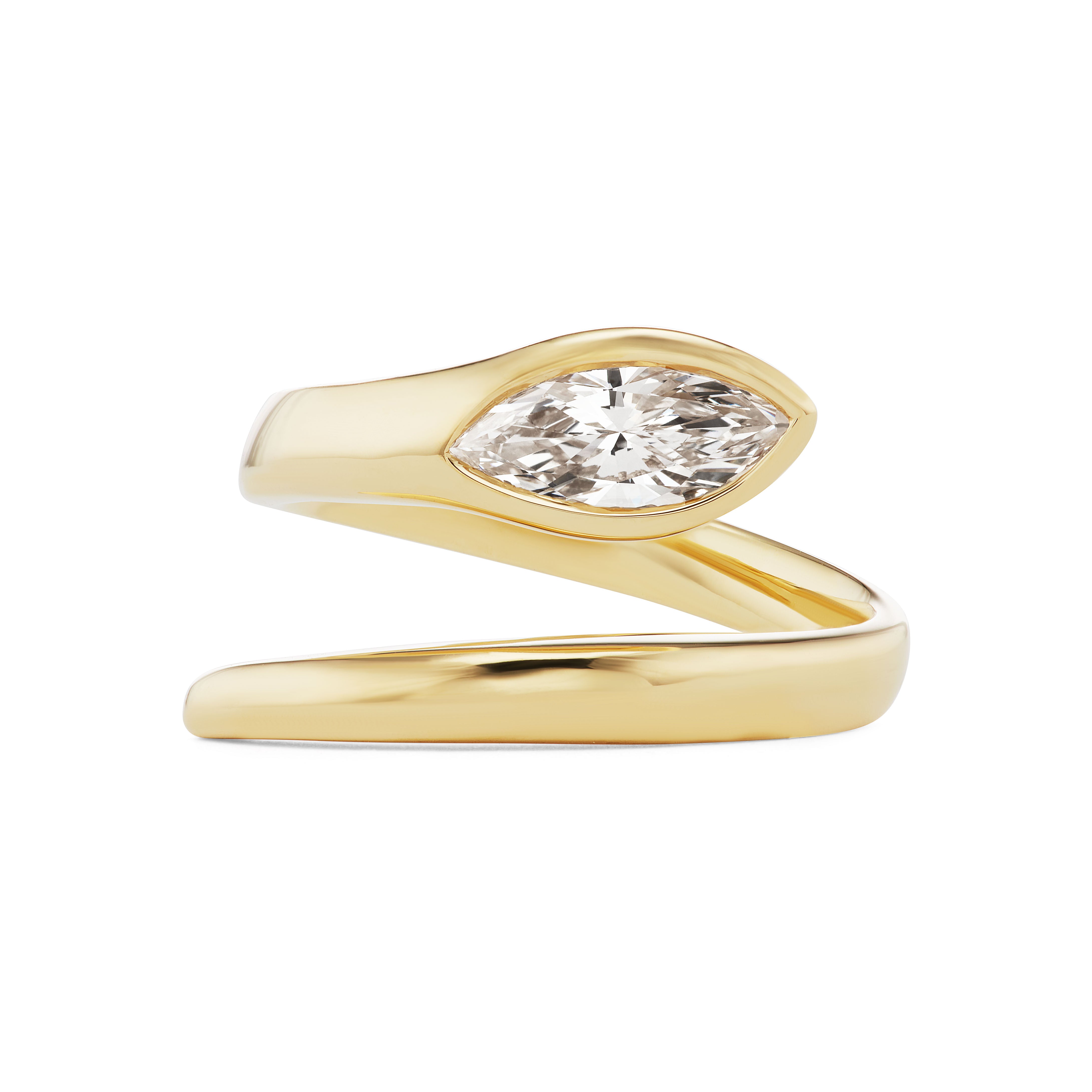 The Serpent Wraparound Ring with Marquise Diamond features an 18k yellow gold open spiral design, inspired by a snake head ring and topped with a single marquise-cut diamond for modern elegance.