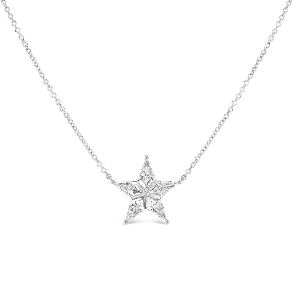 The Celestial Star Diamond Pendant in White Gold is a delicate 18K necklace adorned with sparkling gemstones, showcased against a plain white background.